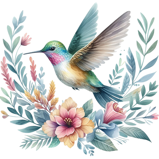 Watercolor Hummingbird Floral Fabric Panel 26