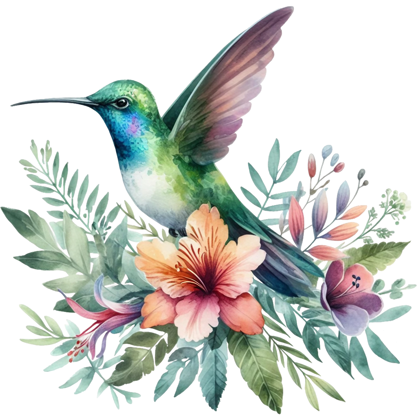 Watercolor Hummingbird Floral Fabric Panel 27