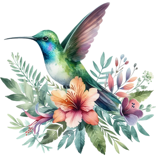 Watercolor Hummingbird Floral Fabric Panel 27
