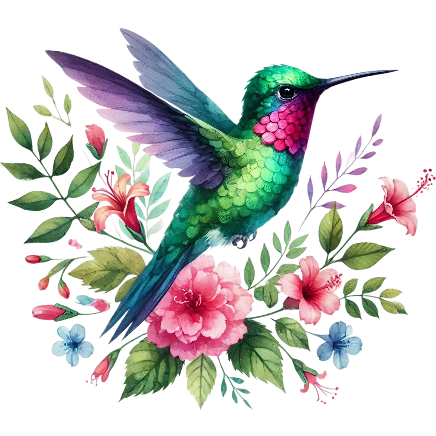 Watercolor Hummingbird Floral Fabric Panel 29