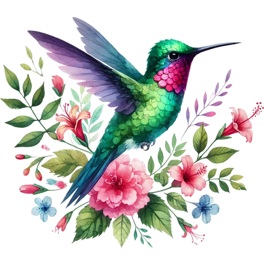 Watercolor Hummingbird Floral Fabric Panel 29