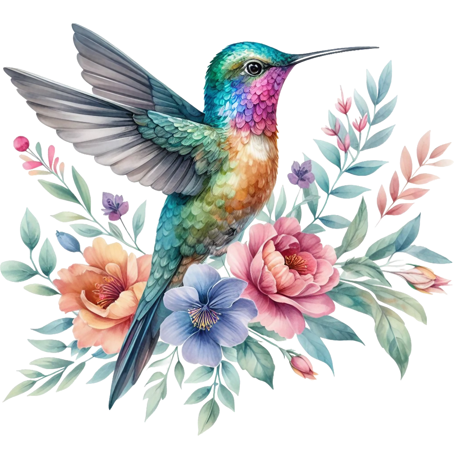 Watercolor Hummingbird Floral Fabric Panel 3