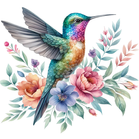 Watercolor Hummingbird Floral Fabric Panel 3