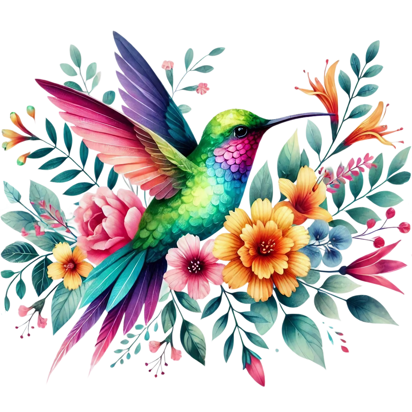 Watercolor Hummingbird Floral Fabric Panel 30