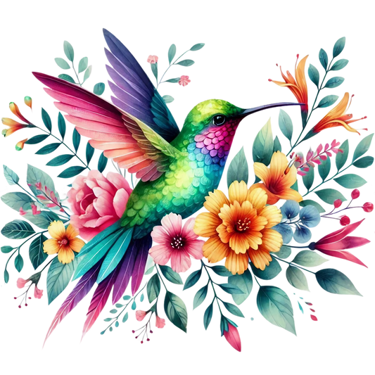 Watercolor Hummingbird Floral Fabric Panel 30
