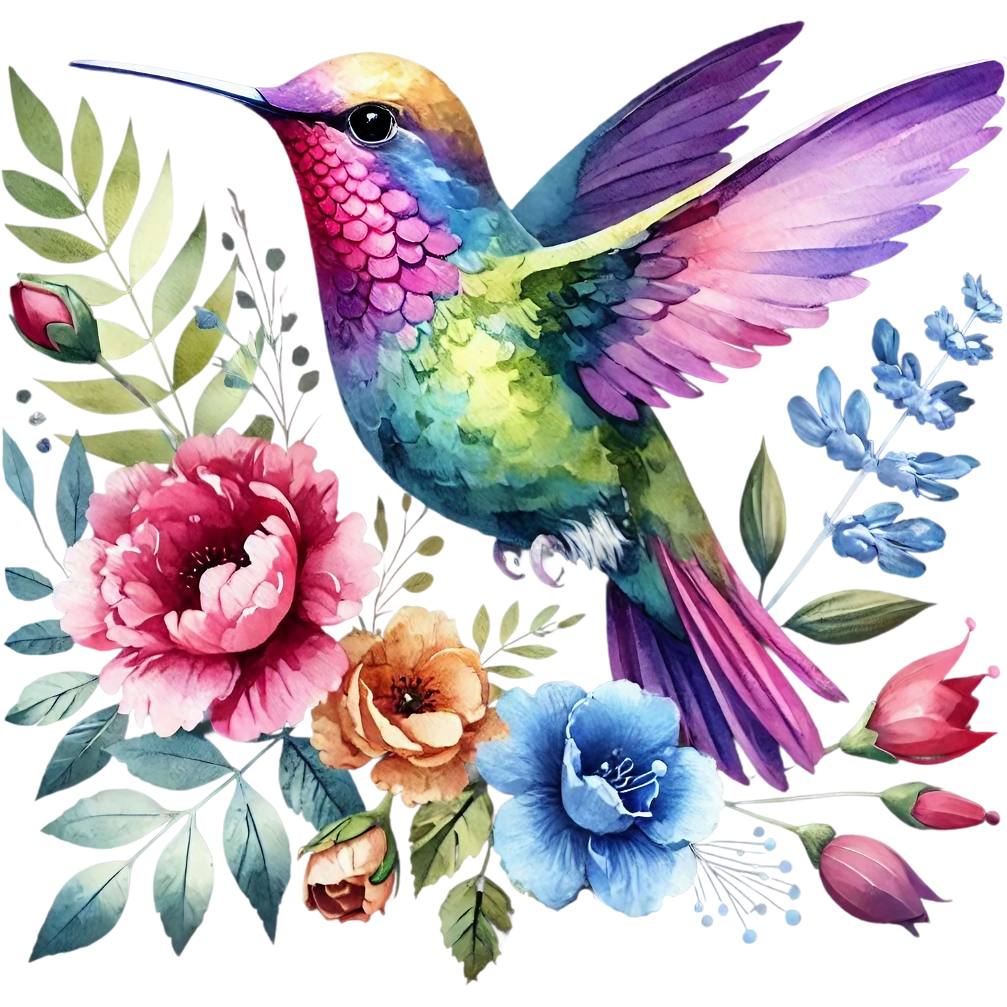 Watercolor Hummingbird Floral Fabric Panel 31