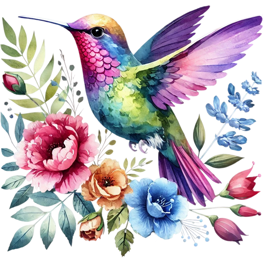 Watercolor Hummingbird Floral Fabric Panel 31