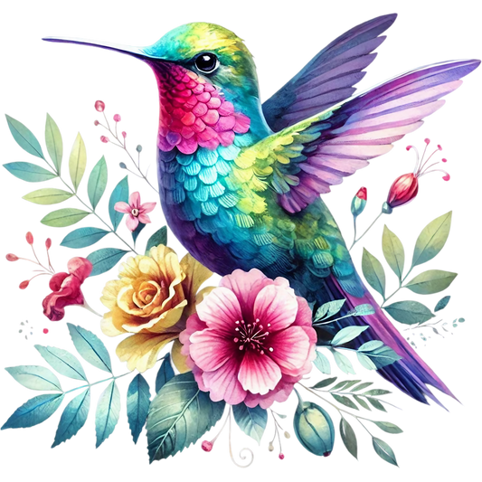 Watercolor Hummingbird Floral Fabric Panel 32