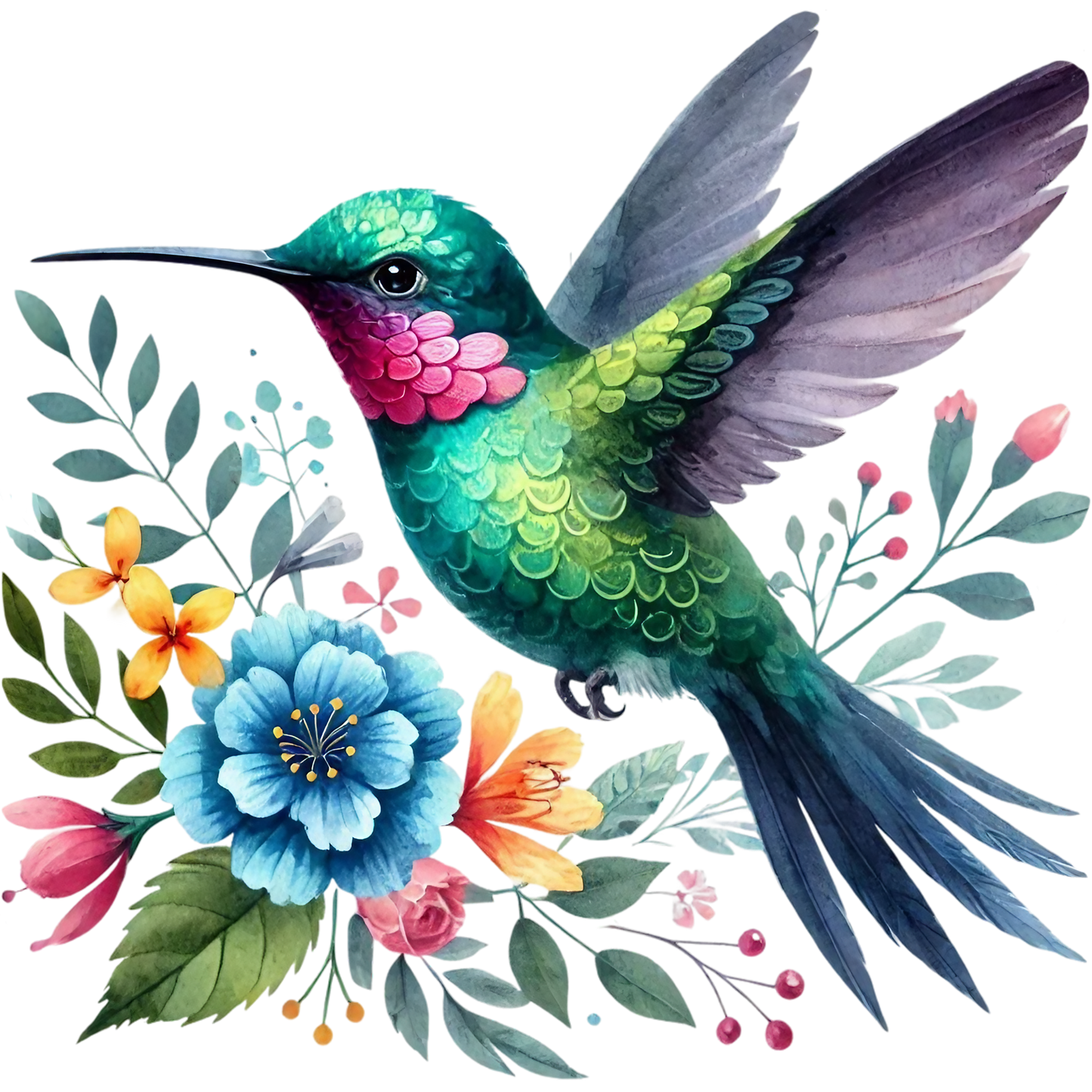 Watercolor Hummingbird Floral Fabric Panel 33