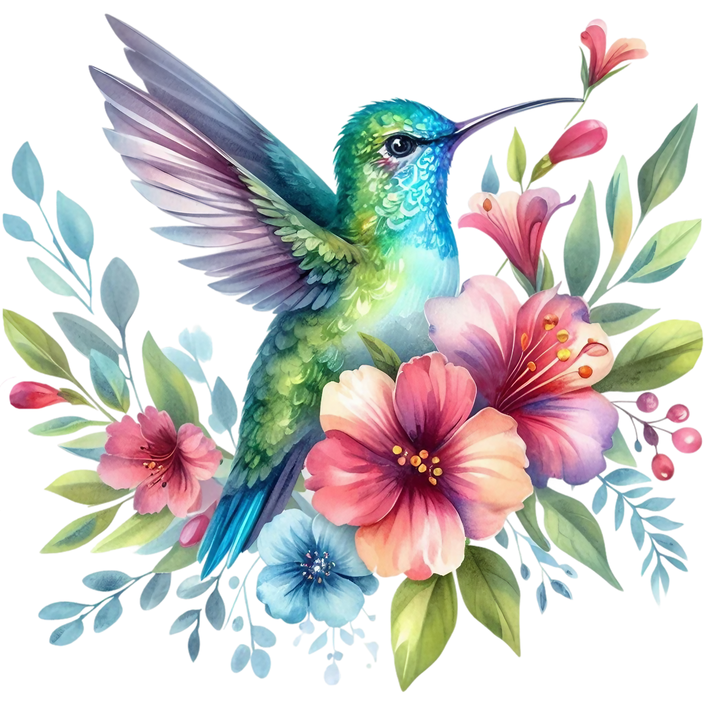 Watercolor Hummingbird Floral Fabric Panel 34