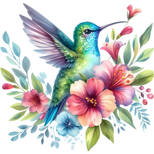 Watercolor Hummingbird Floral Fabric Panel 34