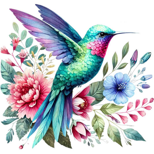 Watercolor Hummingbird Floral Fabric Panel 35