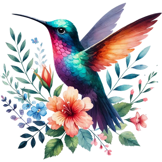 Watercolor Hummingbird Floral Fabric Panel 36