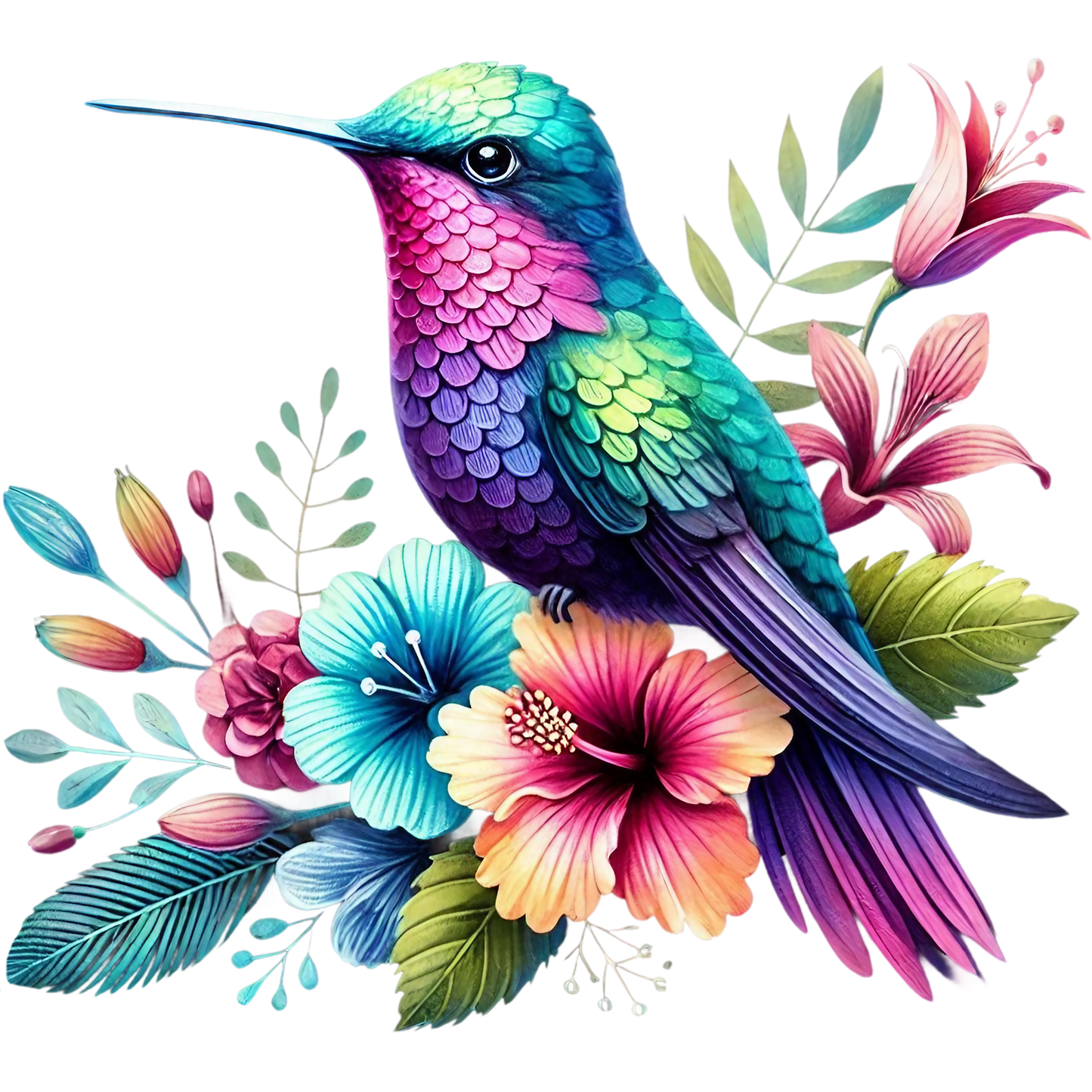 Watercolor Hummingbird Floral Fabric Panel 37