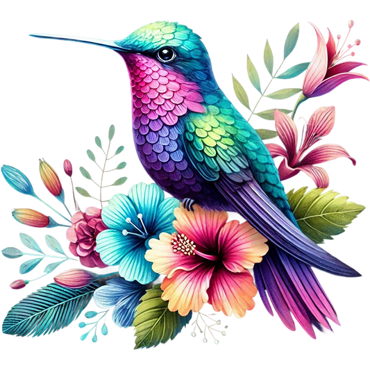 Watercolor Hummingbird Floral Fabric Panel 37