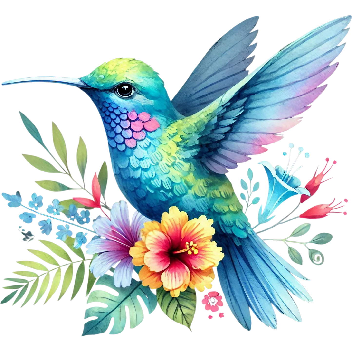 Watercolor Hummingbird Floral Fabric Panel 38