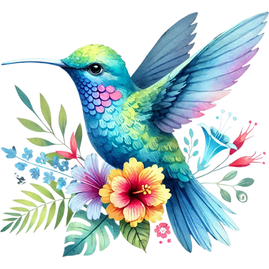 Watercolor Hummingbird Floral Fabric Panel 38