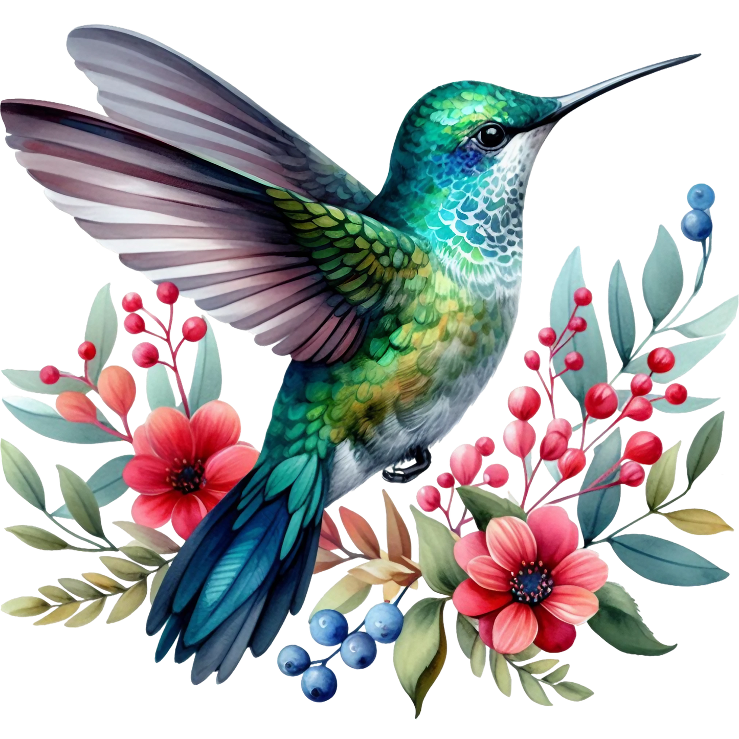 Watercolor Hummingbird Floral Fabric Panel 4