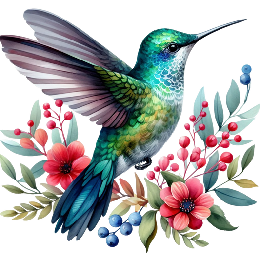 Watercolor Hummingbird Floral Fabric Panel 4