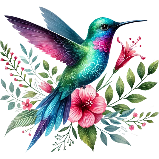 Watercolor Hummingbird Floral Fabric Panel 40
