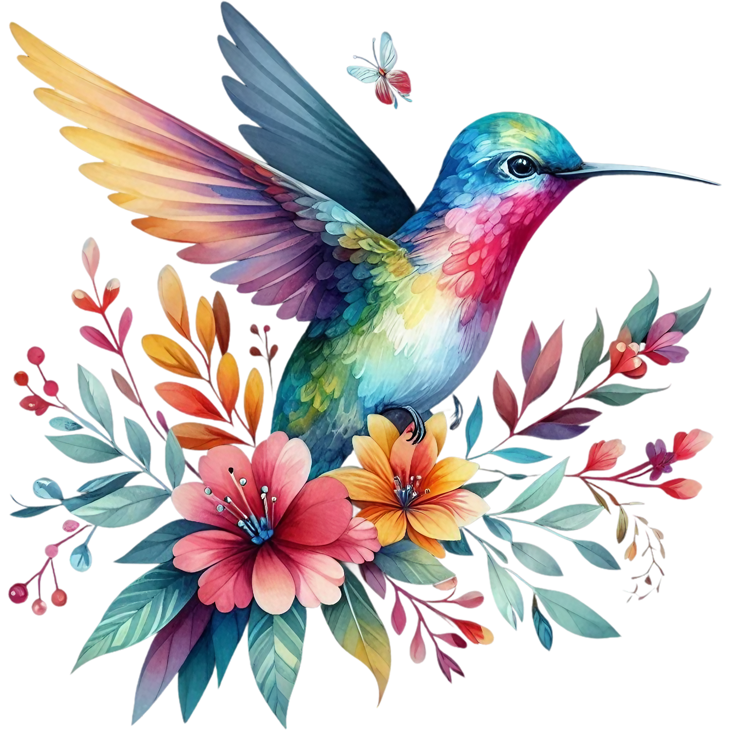 Watercolor Hummingbird Floral Fabric Panel 41