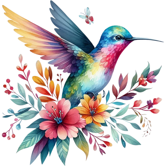 Watercolor Hummingbird Floral Fabric Panel 41