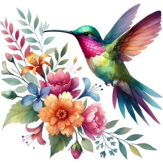 Watercolor Hummingbird Floral Fabric Panel 42