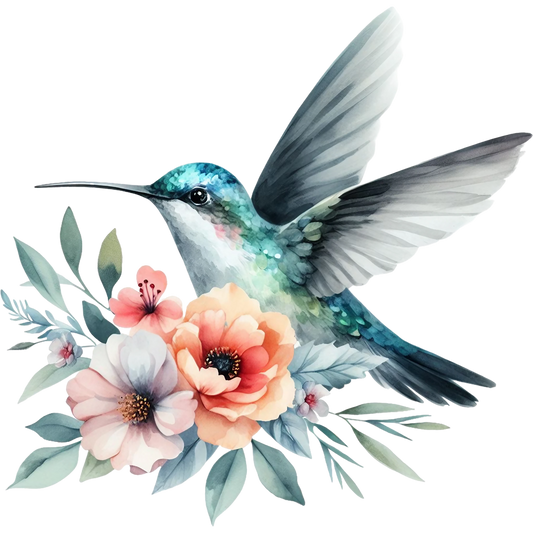 Watercolor Hummingbird Floral Fabric Panel 5