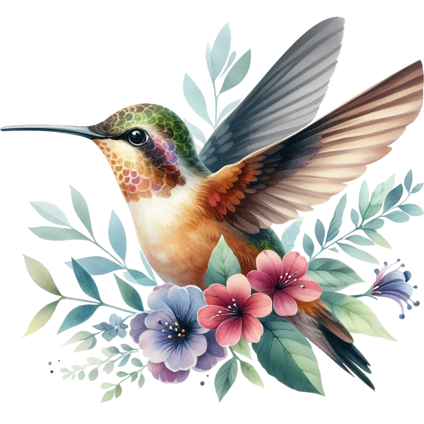 Watercolor Hummingbird Floral Fabric Panel 6