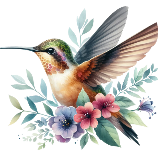 Watercolor Hummingbird Floral Fabric Panel 6