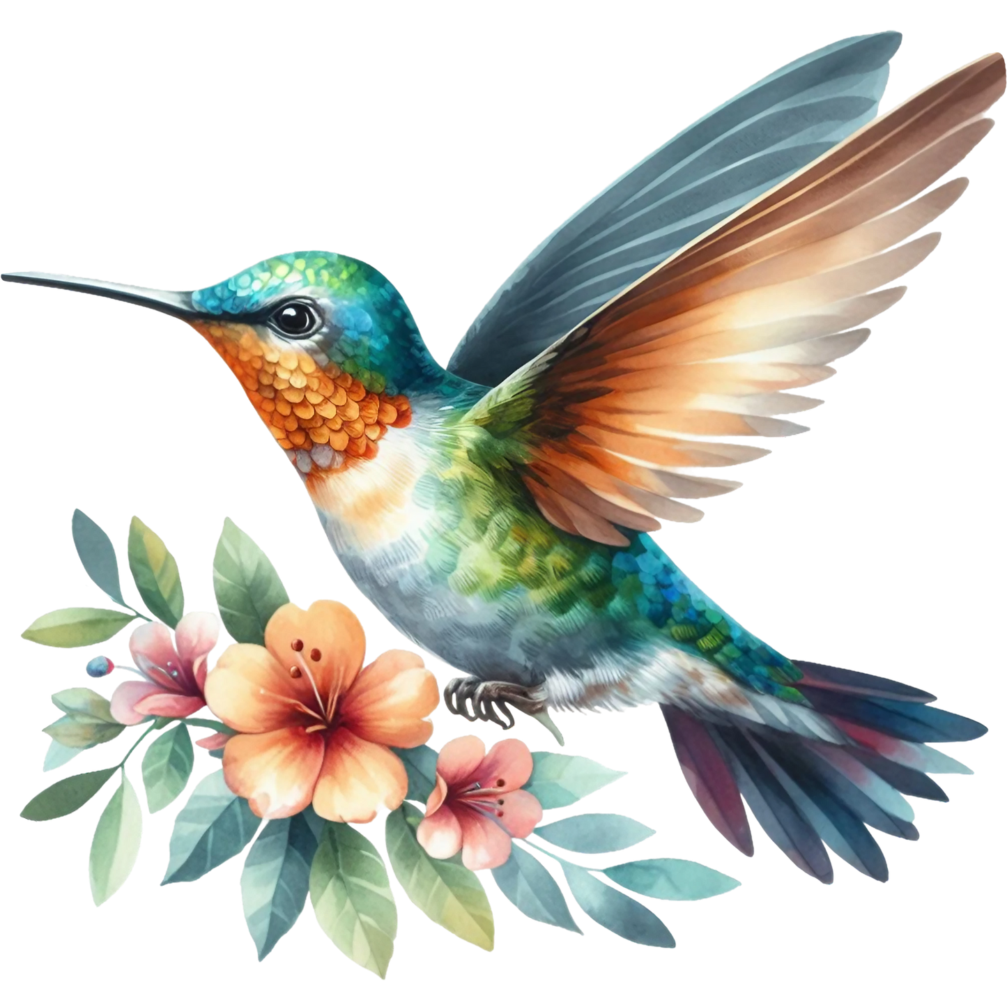 Watercolor Hummingbird Floral Fabric Panel 7