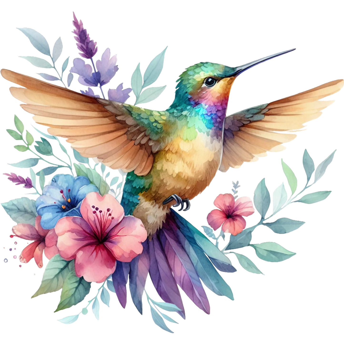Watercolor Hummingbird Floral Fabric Panel 8