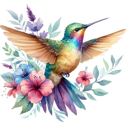 Watercolor Hummingbird Floral Fabric Panel 8