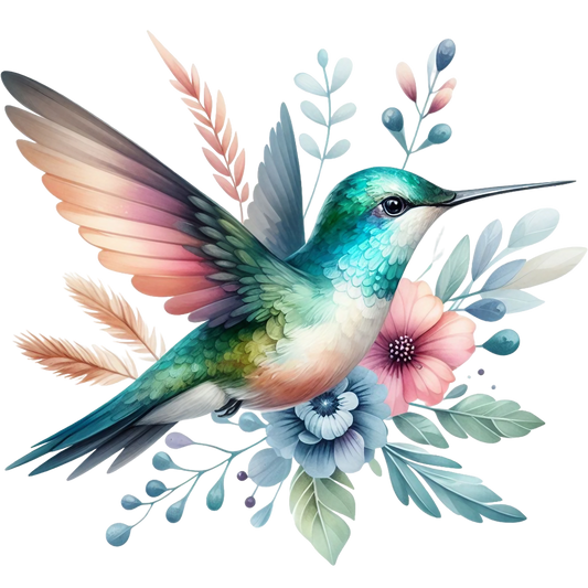 Watercolor Hummingbird Floral Fabric Panel 9