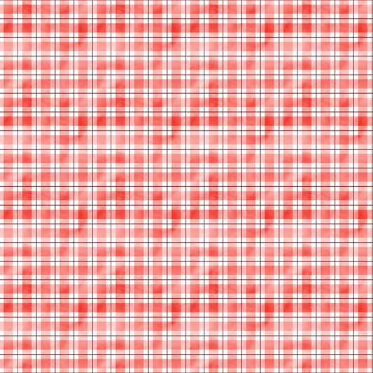 A red and white plaid pattern with intersecting horizontal and vertical lines forming squares.