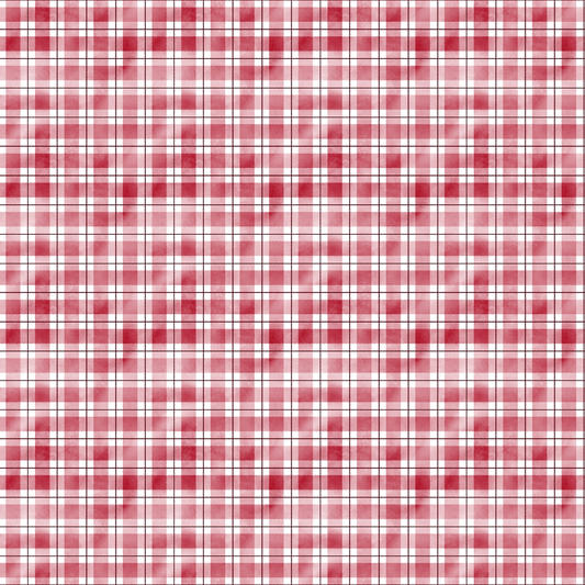 Red and white checkered plaid pattern with thin black lines on a flat surface.