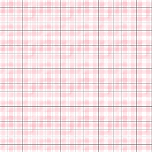 Pink and white plaid pattern with thin horizontal and vertical lines creating a grid design.