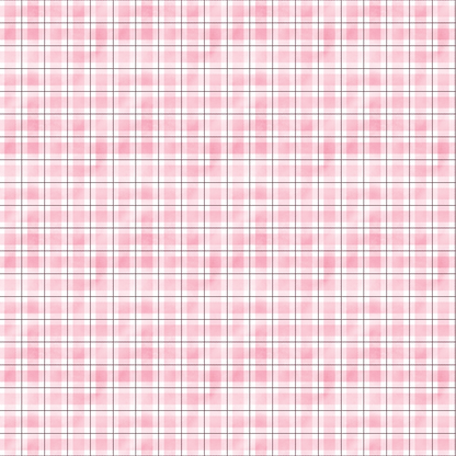 A pink and white plaid pattern with thin red and blue lines arranged in a grid.