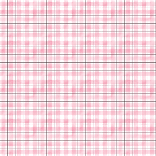 A pink and white plaid pattern with thin red and blue lines arranged in a grid.