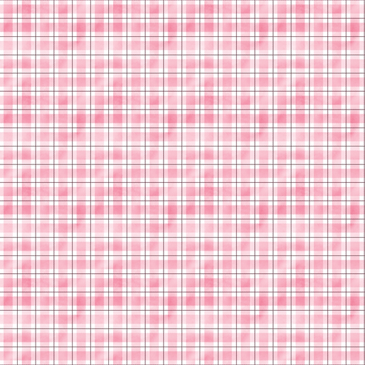 Red and pink plaid pattern with white accents in a repeating grid design.