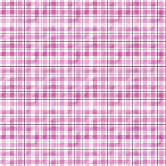 A pattern of pink, white, and purple plaid with intersecting horizontal and vertical lines forming squares.