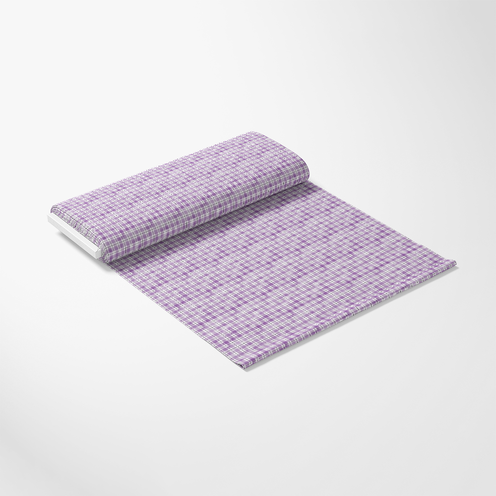 A rolled-out purple and white checkered fabric on a white background.