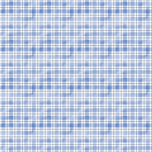 A pattern of blue and white plaid with thin, spaced black lines forming squares and rectangles.