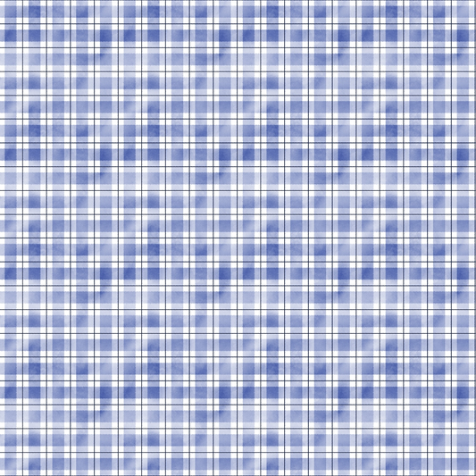 Blue and white checkered plaid pattern with a grid-like arrangement.