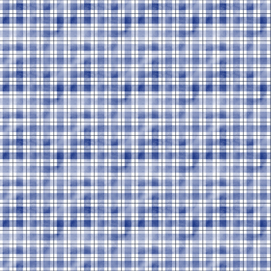 A blue and white tartan plaid pattern with repeating squares and intersecting lines.