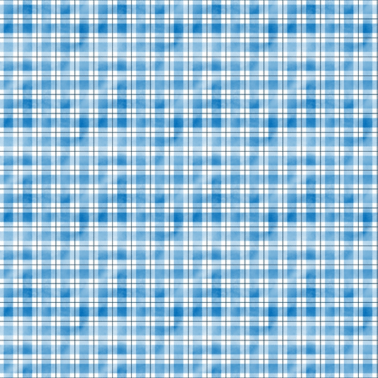 Blue and white plaid pattern with intersecting horizontal and vertical lines.