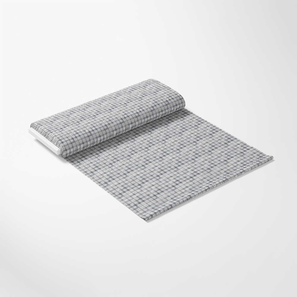 A roll of light gray grid-patterned wallpaper partially unrolled on a white background.
