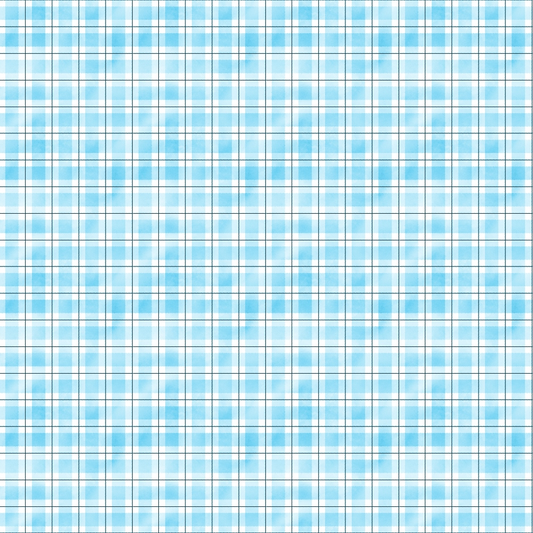 A blue and white plaid pattern with intersecting horizontal and vertical lines.