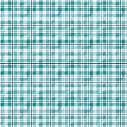 A teal and white plaid pattern featuring intersecting horizontal and vertical lines, creating a checkered design.