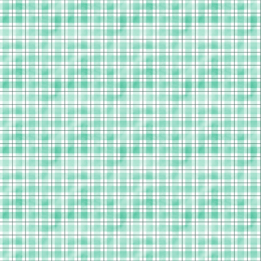 A green and white plaid pattern with thin blue lines forming a grid-like design.